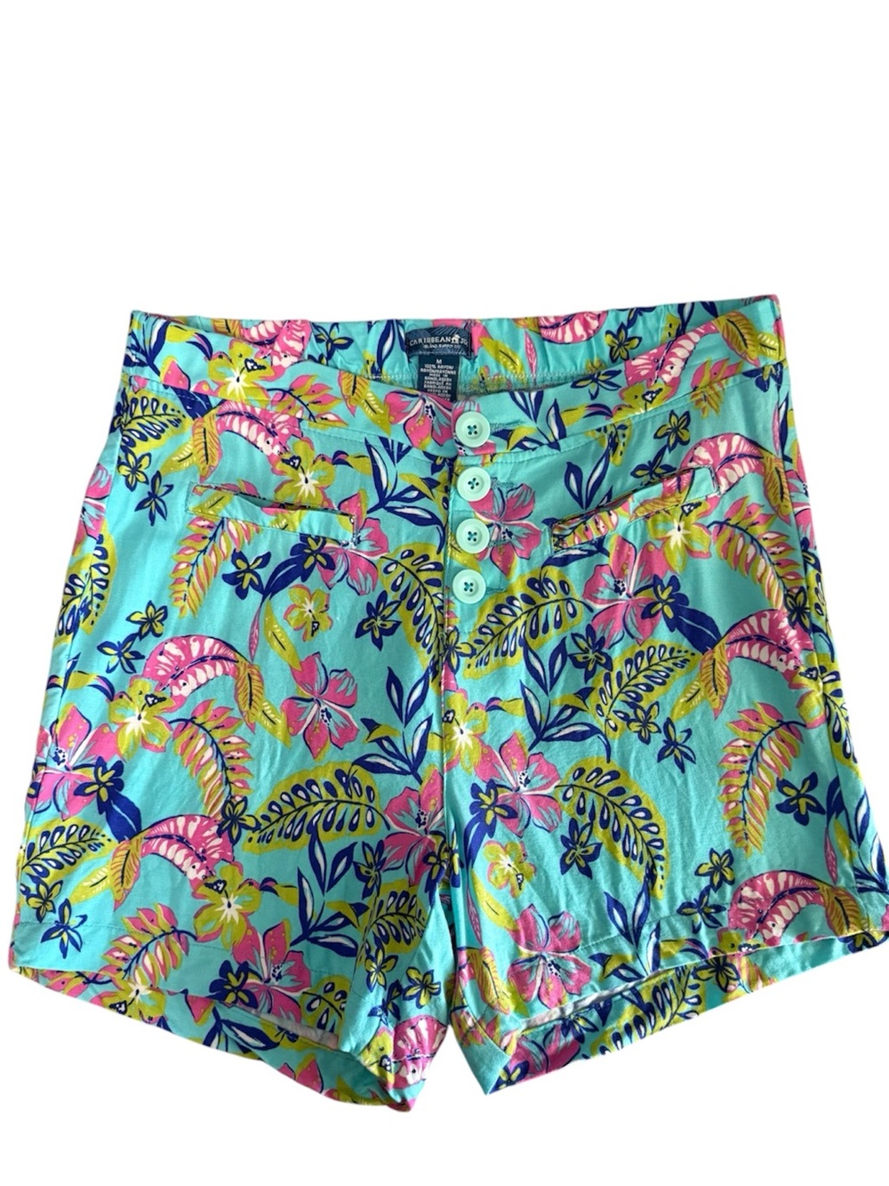 Caribbean Joe Tropical Print High Waist Shorts Aqua Blue Green Pink Size M